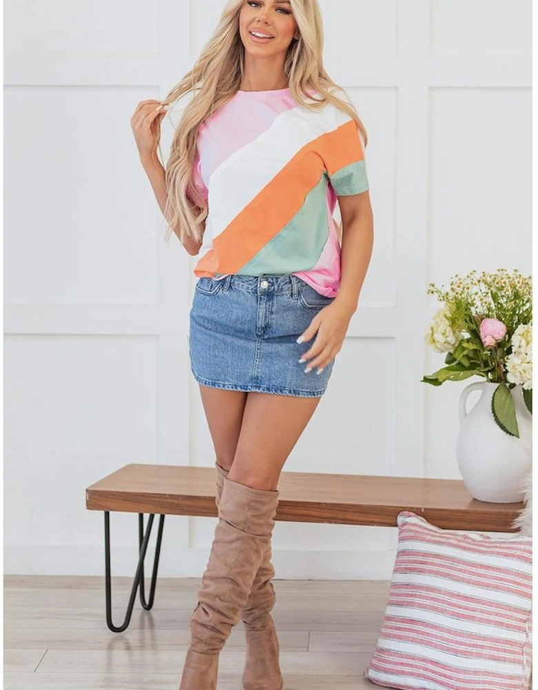 Pink Color Block Patchwork Seamed Crewneck T Shirt