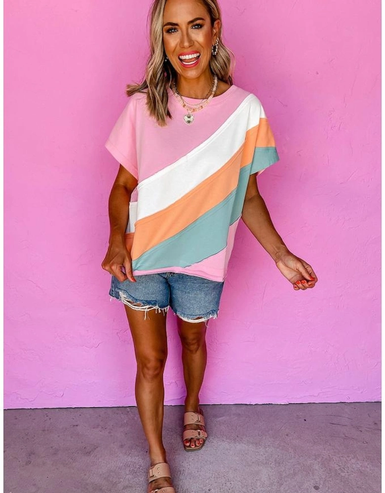 Pink Color Block Patchwork Seamed Crewneck T Shirt