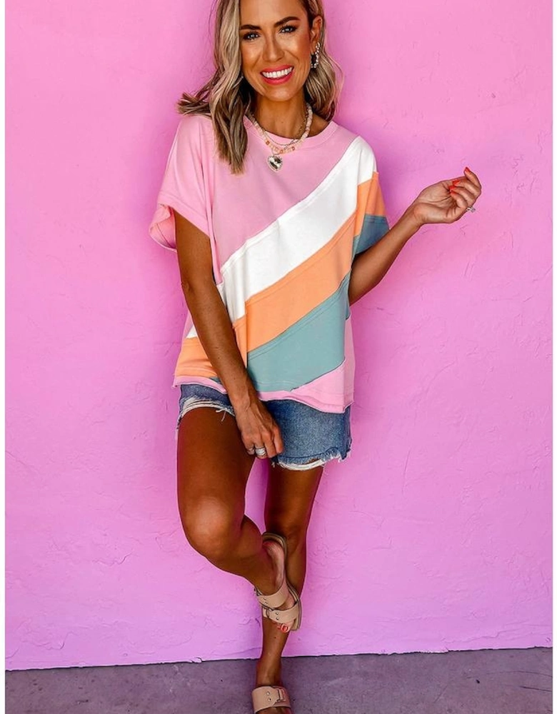 Pink Color Block Patchwork Seamed Crewneck T Shirt