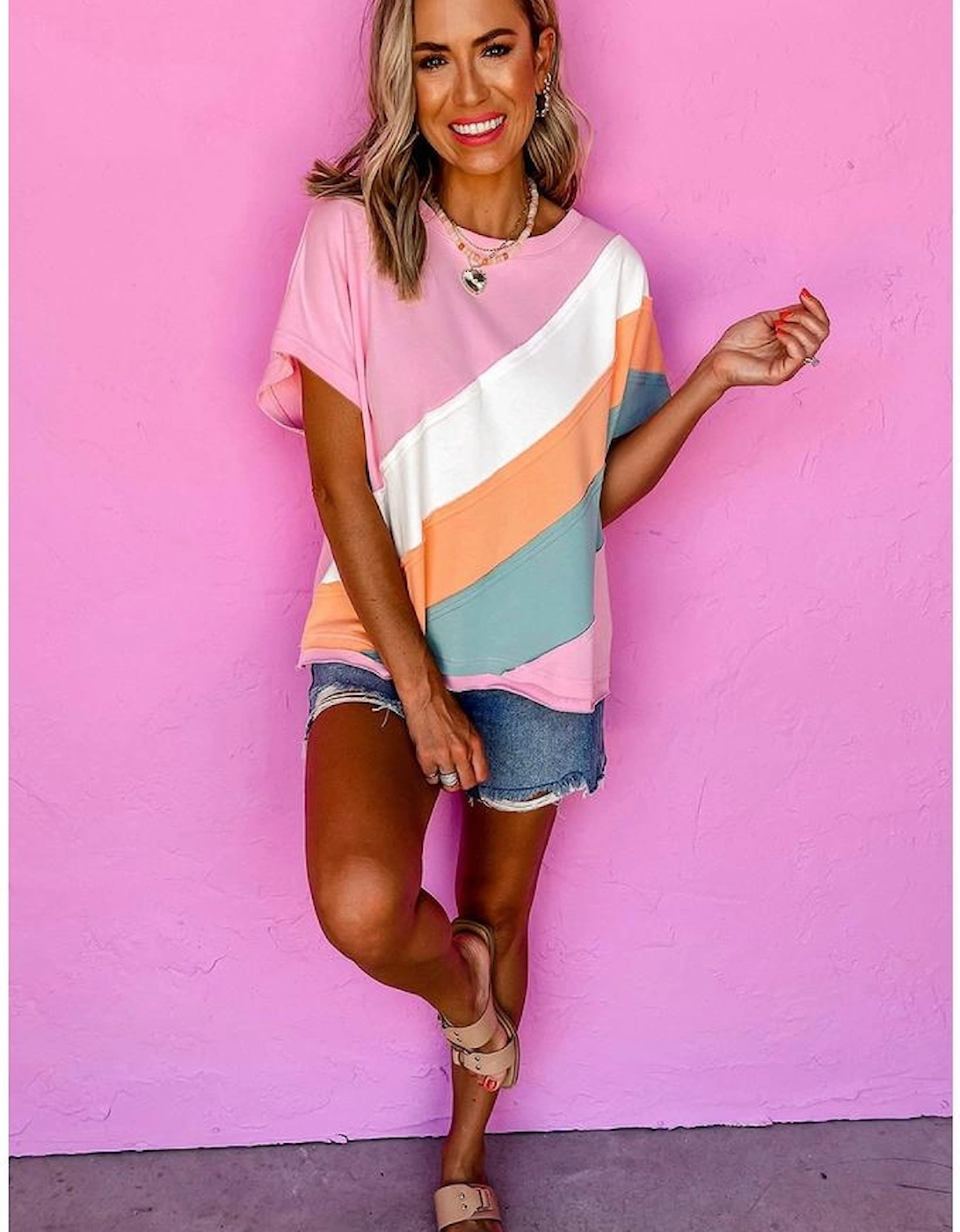 Pink Color Block Patchwork Seamed Crewneck T Shirt