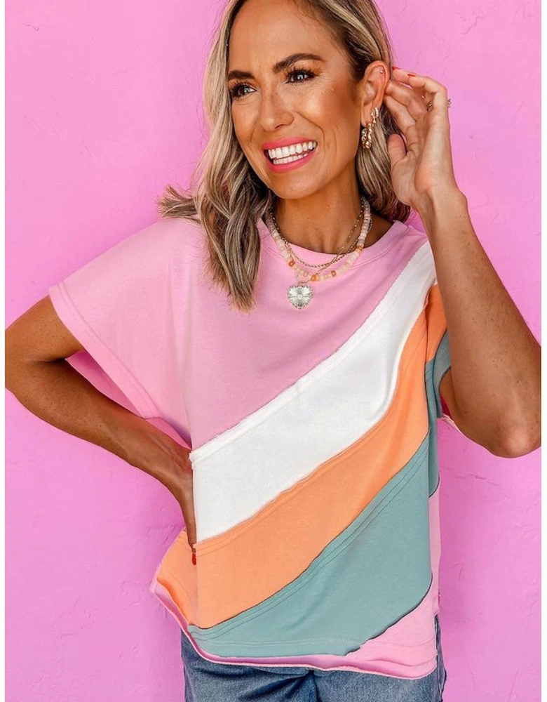 Pink Color Block Patchwork Seamed Crewneck T Shirt