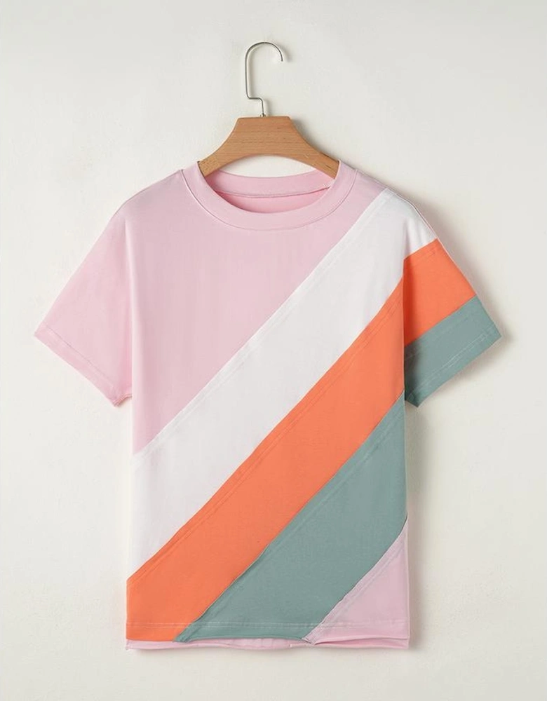 Pink Color Block Patchwork Seamed Crewneck T Shirt