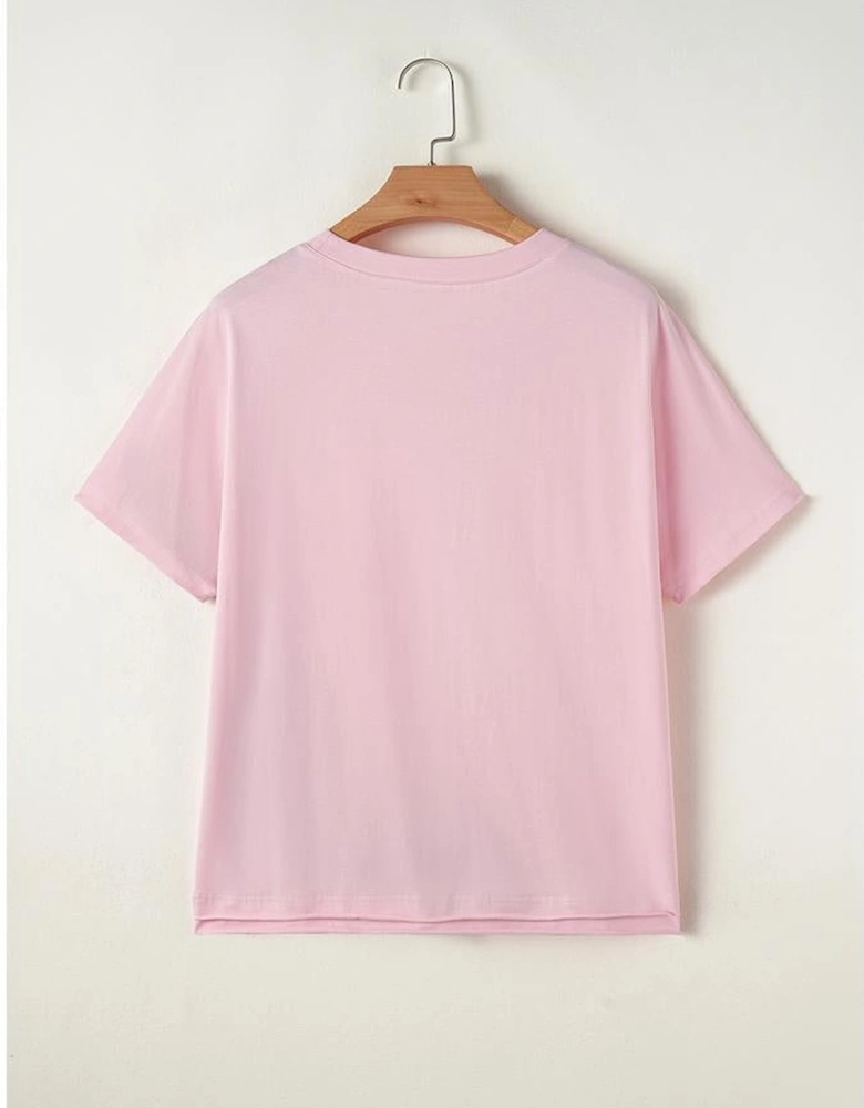 Pink Color Block Patchwork Seamed Crewneck T Shirt