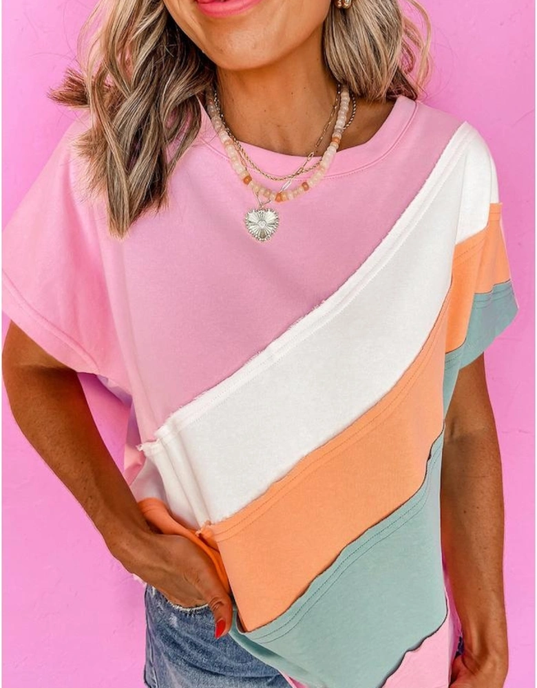 Pink Color Block Patchwork Seamed Crewneck T Shirt