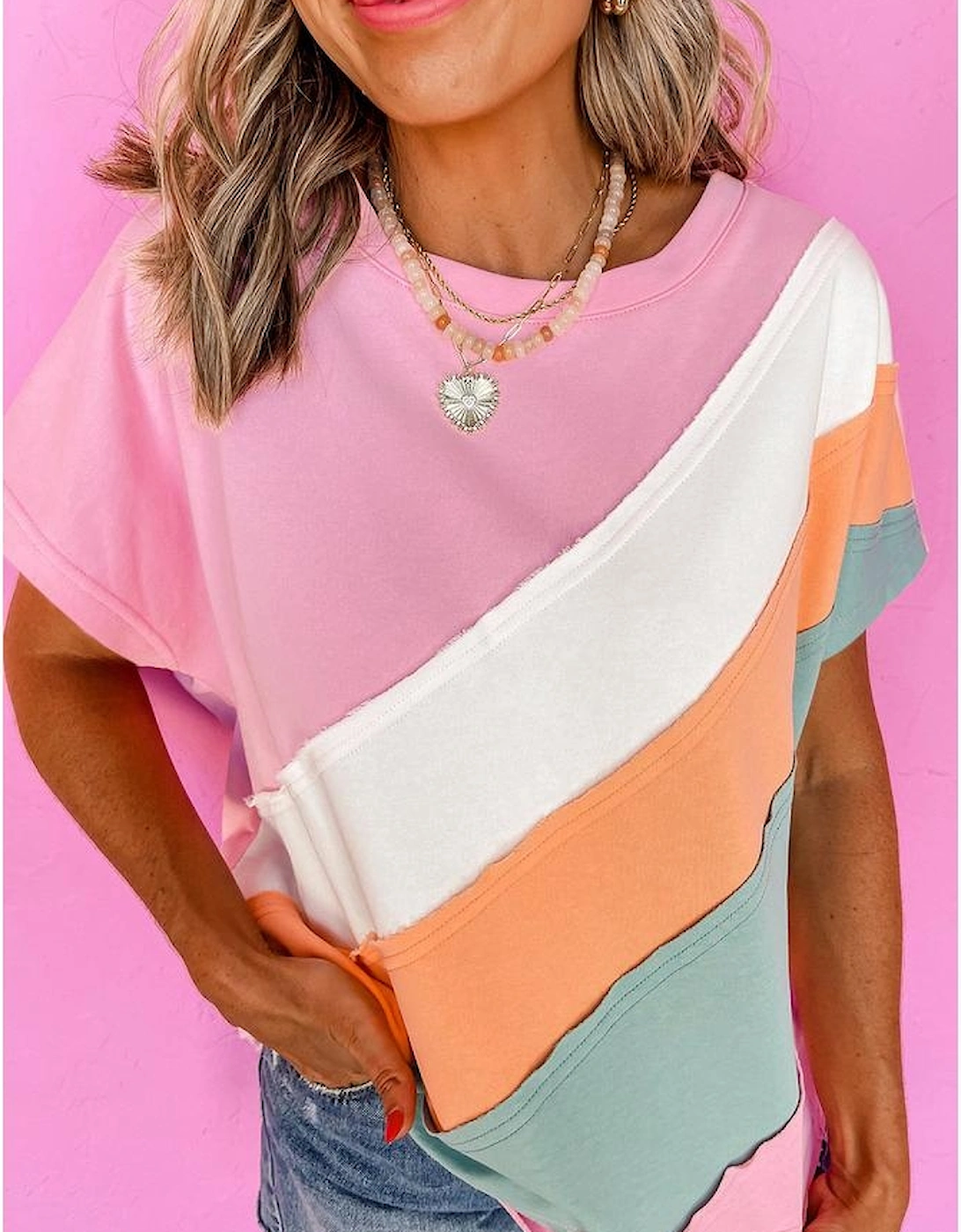 Pink Color Block Patchwork Seamed Crewneck T Shirt