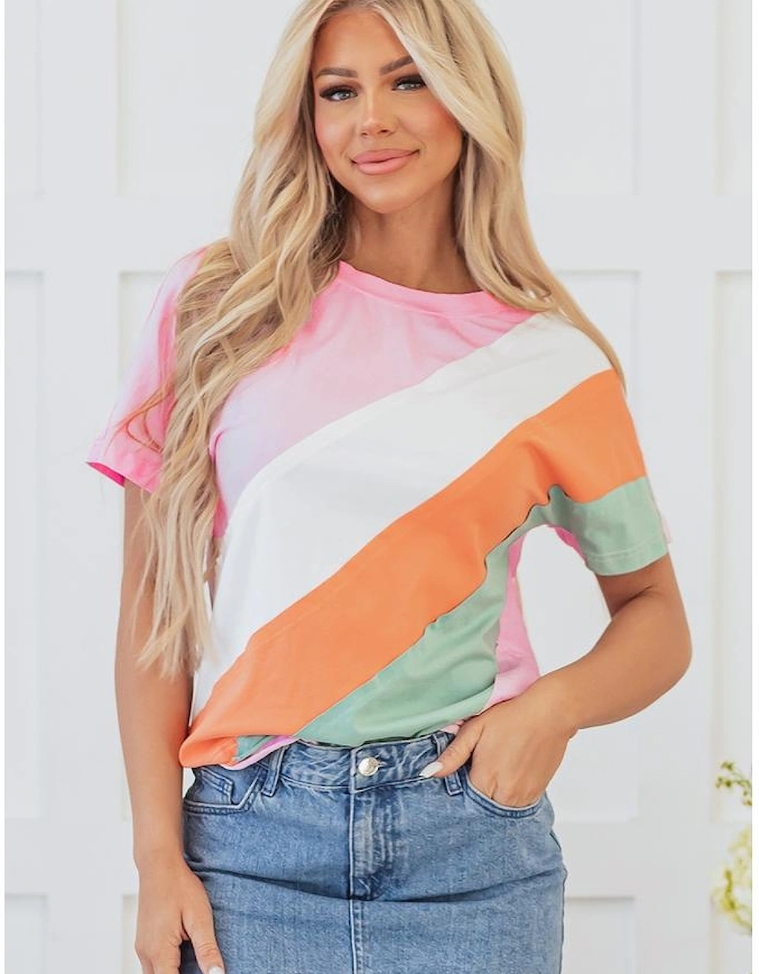 Pink Color Block Patchwork Seamed Crewneck T Shirt