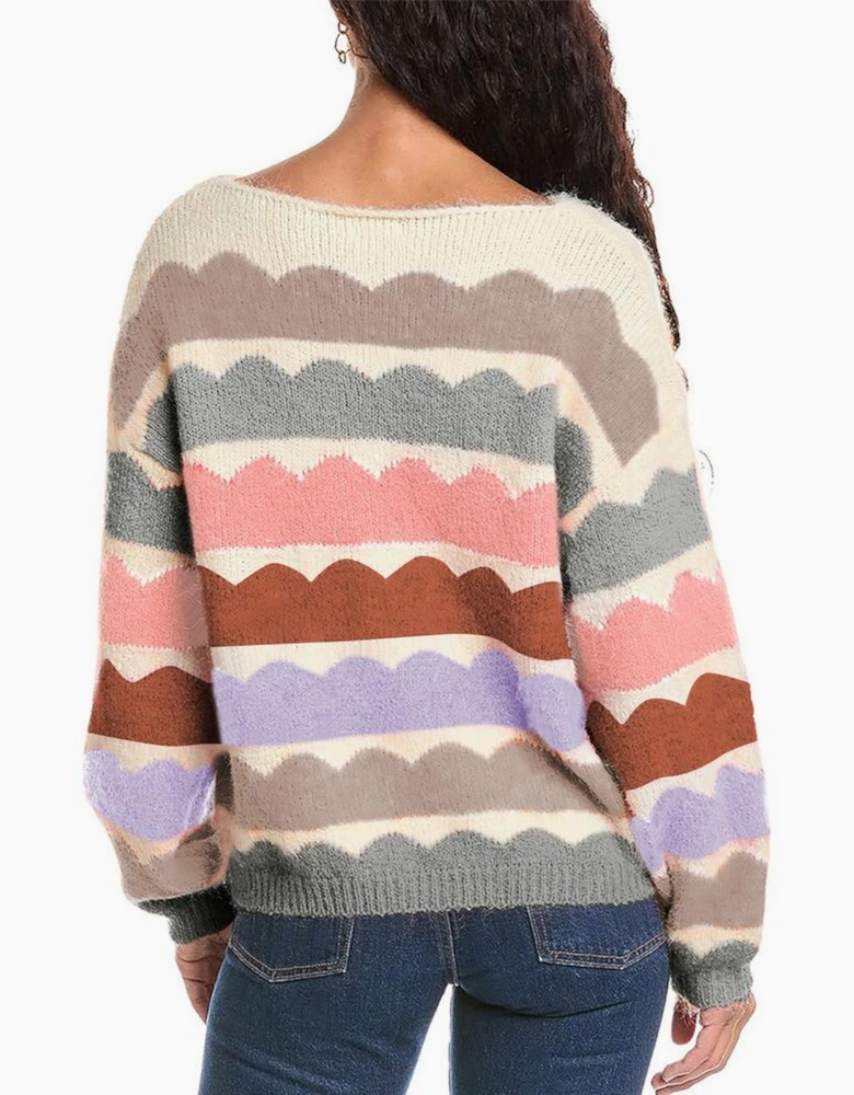 Gray Wave Striped Balloon Sleeve Drop Shoulder Sweater