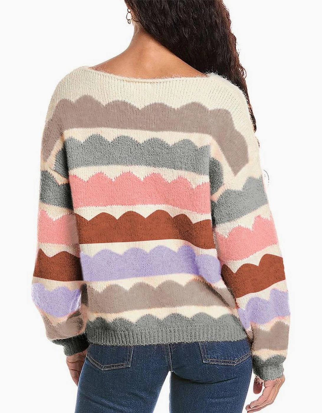 Gray Wave Striped Balloon Sleeve Drop Shoulder Sweater