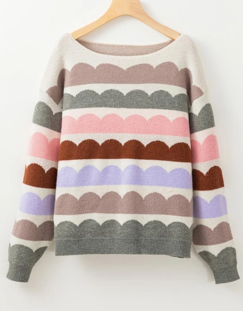 Gray Wave Striped Balloon Sleeve Drop Shoulder Sweater