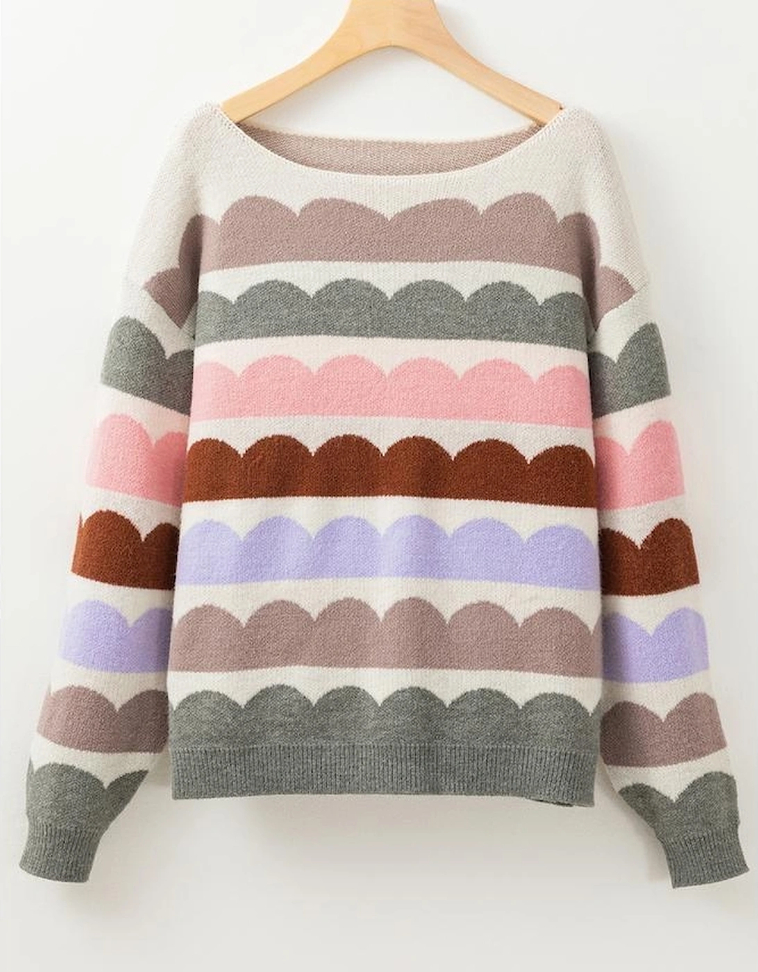 Gray Wave Striped Balloon Sleeve Drop Shoulder Sweater