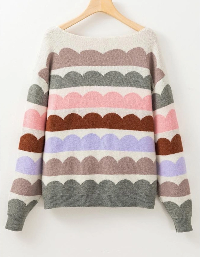 Gray Wave Striped Balloon Sleeve Drop Shoulder Sweater