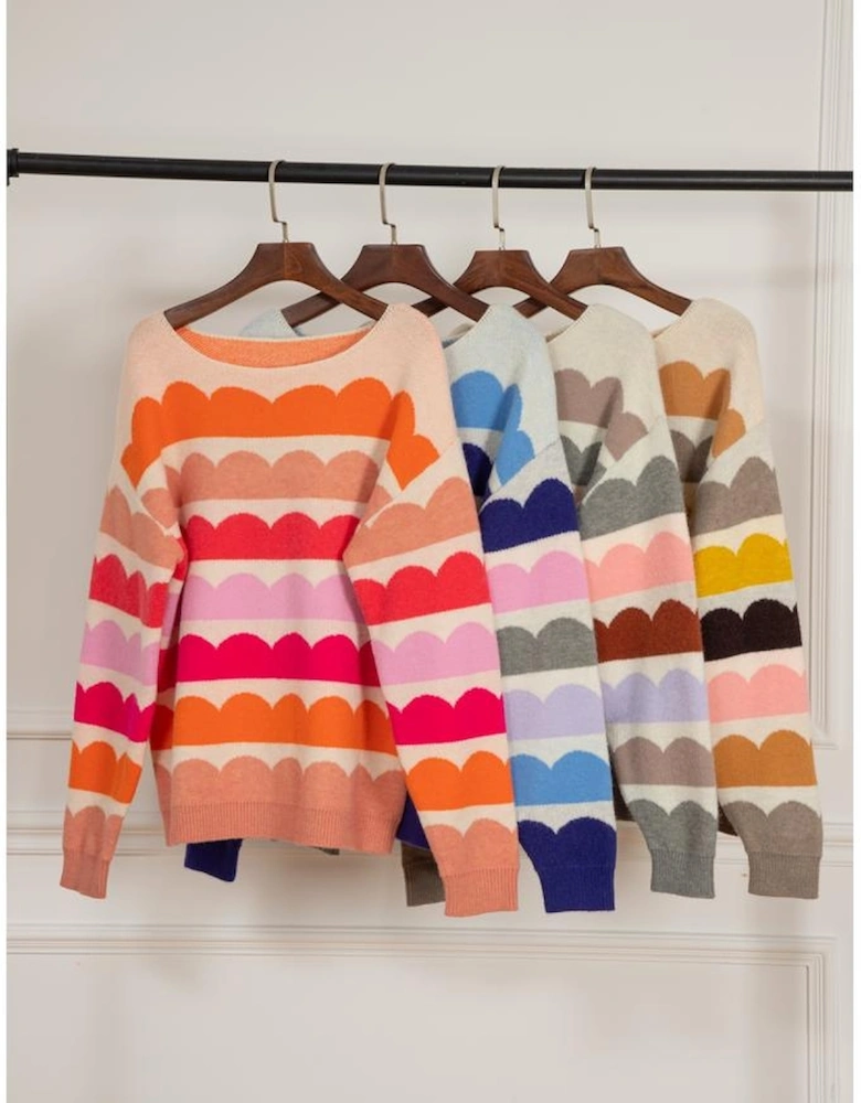 Gray Wave Striped Balloon Sleeve Drop Shoulder Sweater