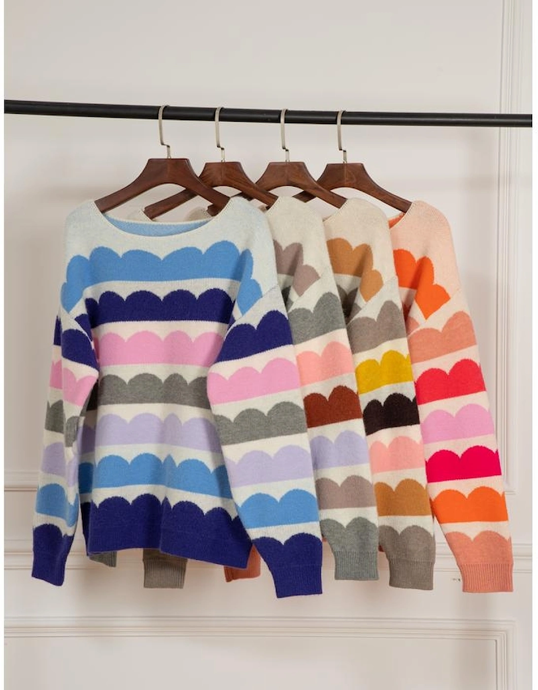 Gray Wave Striped Balloon Sleeve Drop Shoulder Sweater