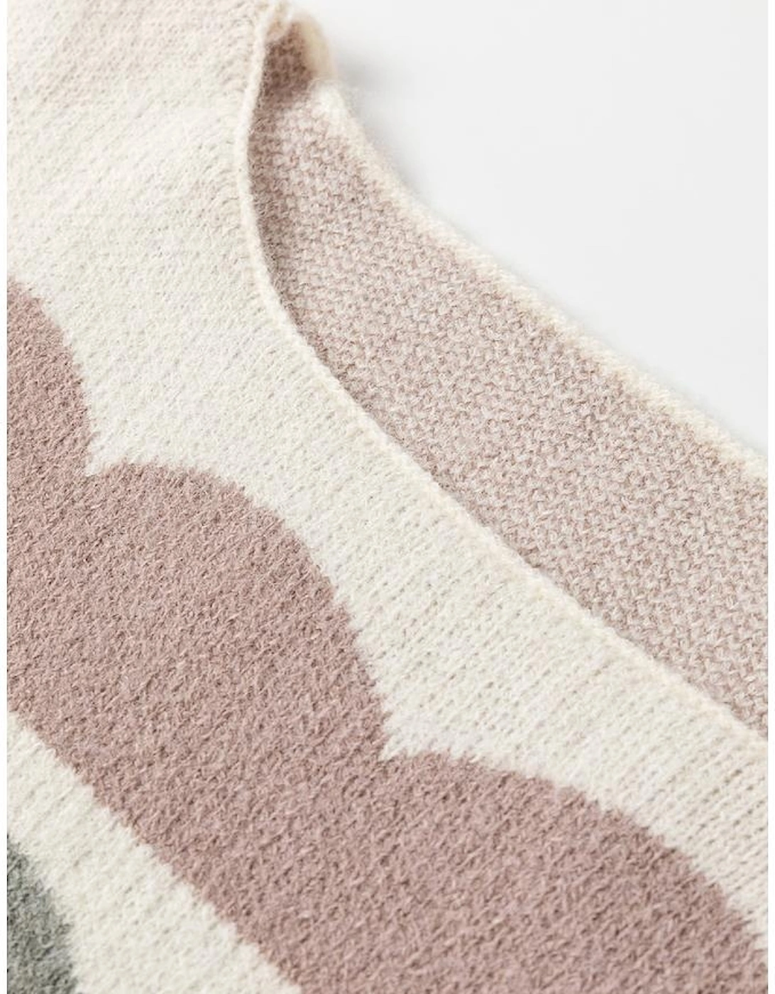 Gray Wave Striped Balloon Sleeve Drop Shoulder Sweater