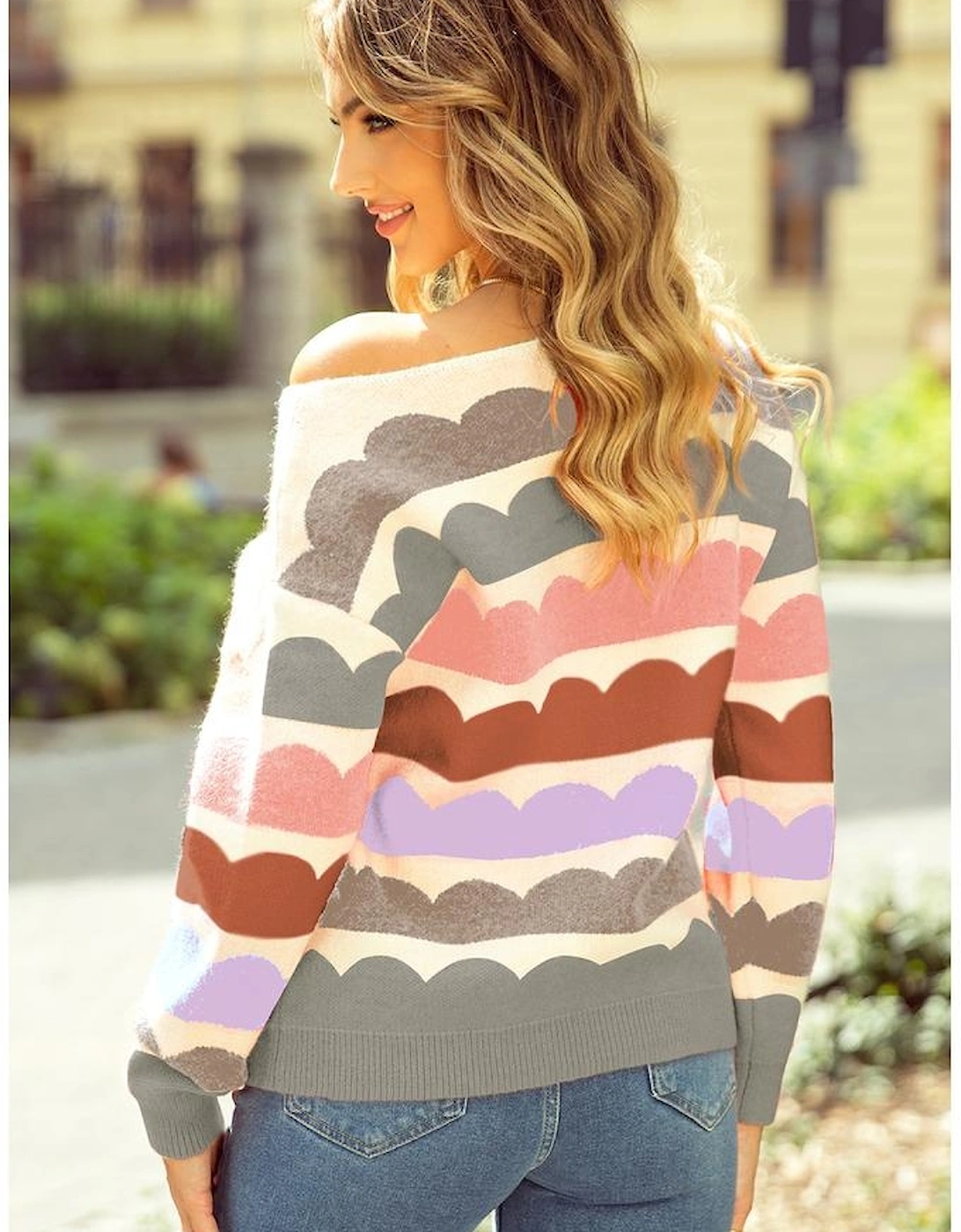 Gray Wave Striped Balloon Sleeve Drop Shoulder Sweater