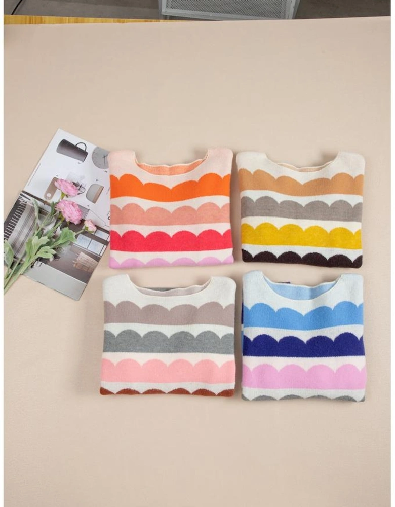 Gray Wave Striped Balloon Sleeve Drop Shoulder Sweater