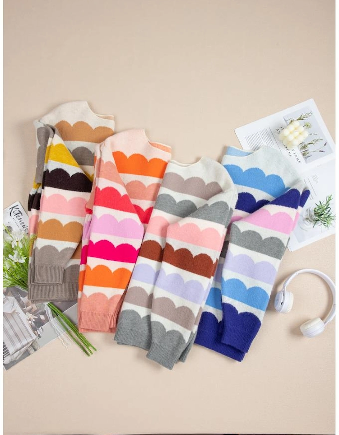 Gray Wave Striped Balloon Sleeve Drop Shoulder Sweater