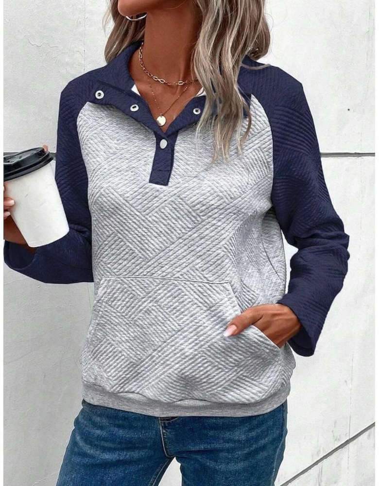 Gray Textured Contrast Splicing Raglan Sleeve Top