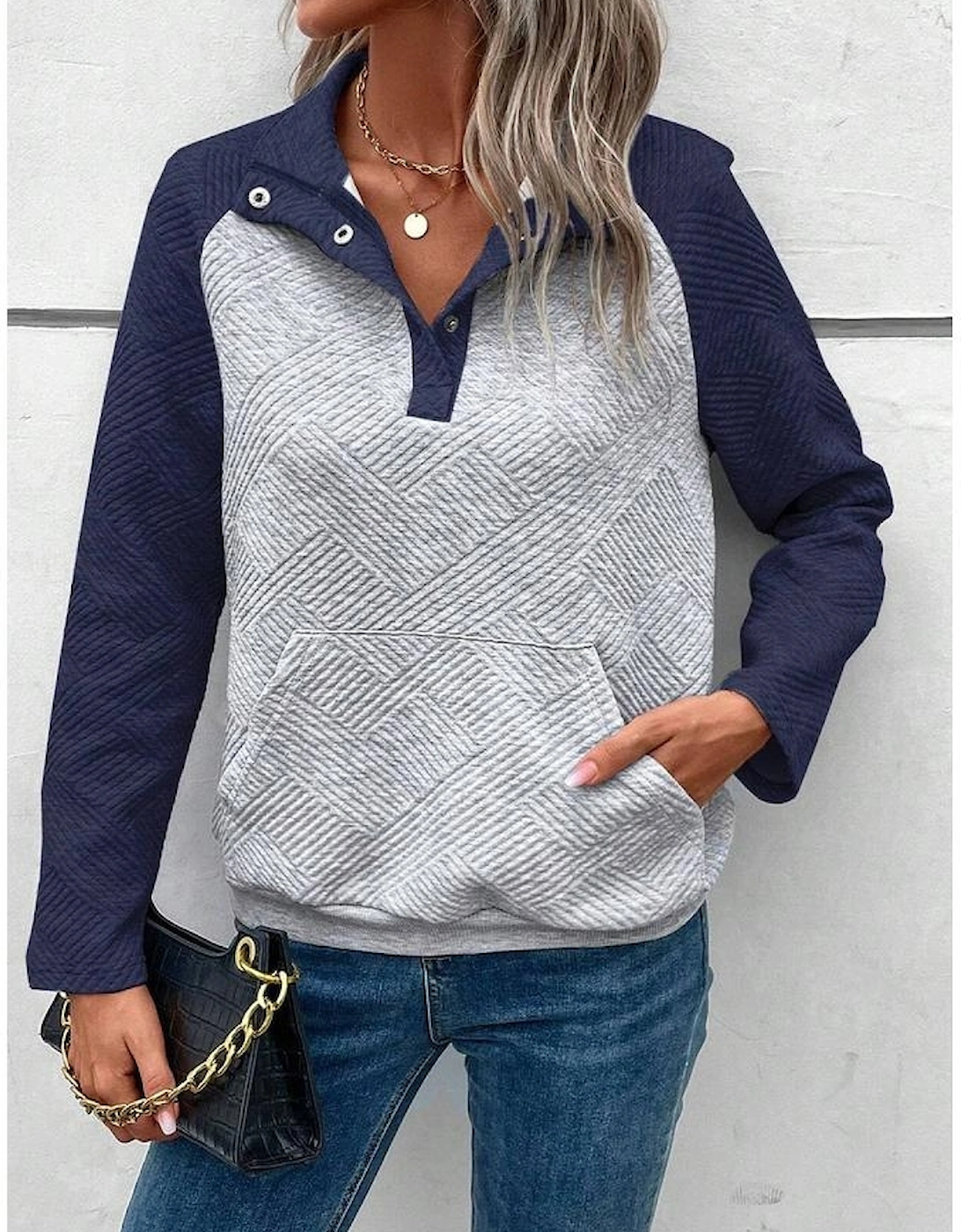 Gray Textured Contrast Splicing Raglan Sleeve Top