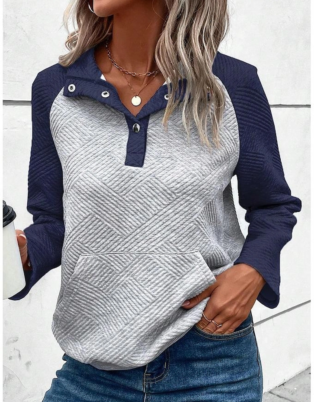 Gray Textured Contrast Splicing Raglan Sleeve Top