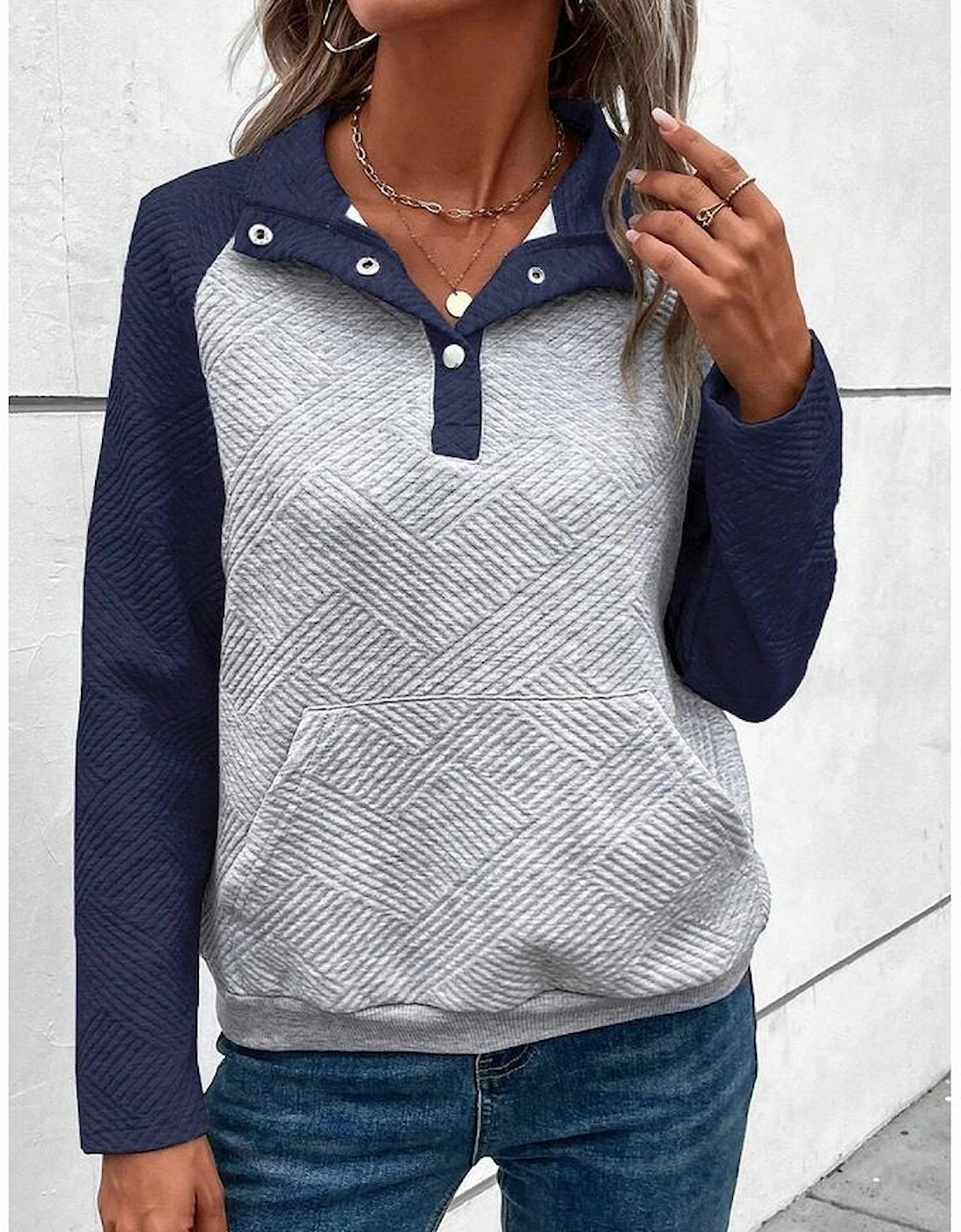 Gray Textured Contrast Splicing Raglan Sleeve Top