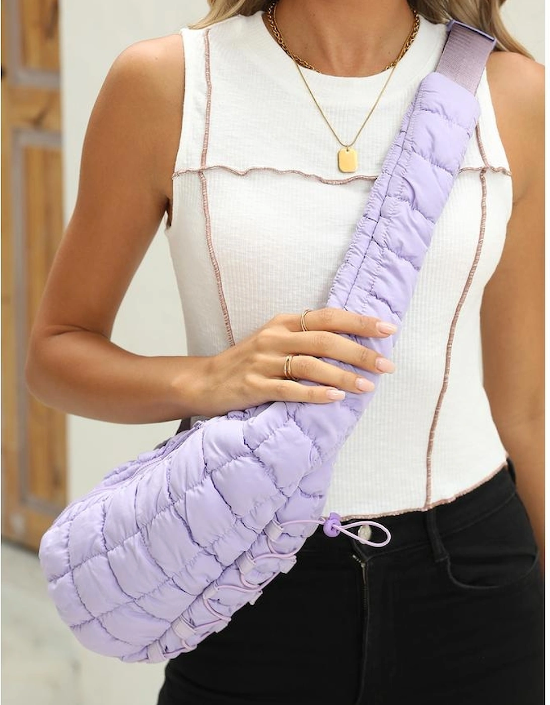 Wisteria Marshmallow Quilted Drawstring Decor Sling Bag