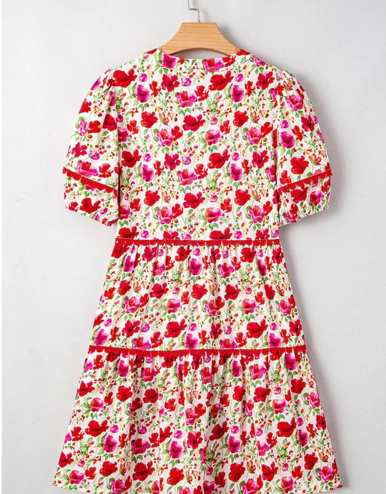 Red Floral Puff Sleeve Tiered Ric Rac Pocketed Mini Dress