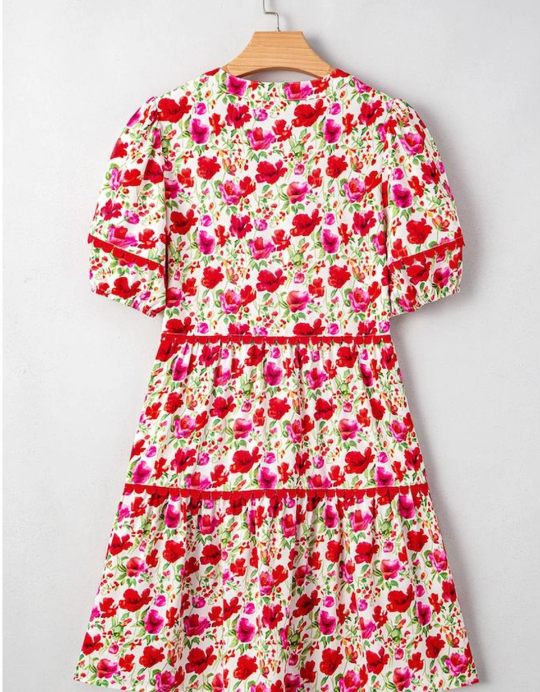 Red Floral Puff Sleeve Tiered Ric Rac Pocketed Mini Dress