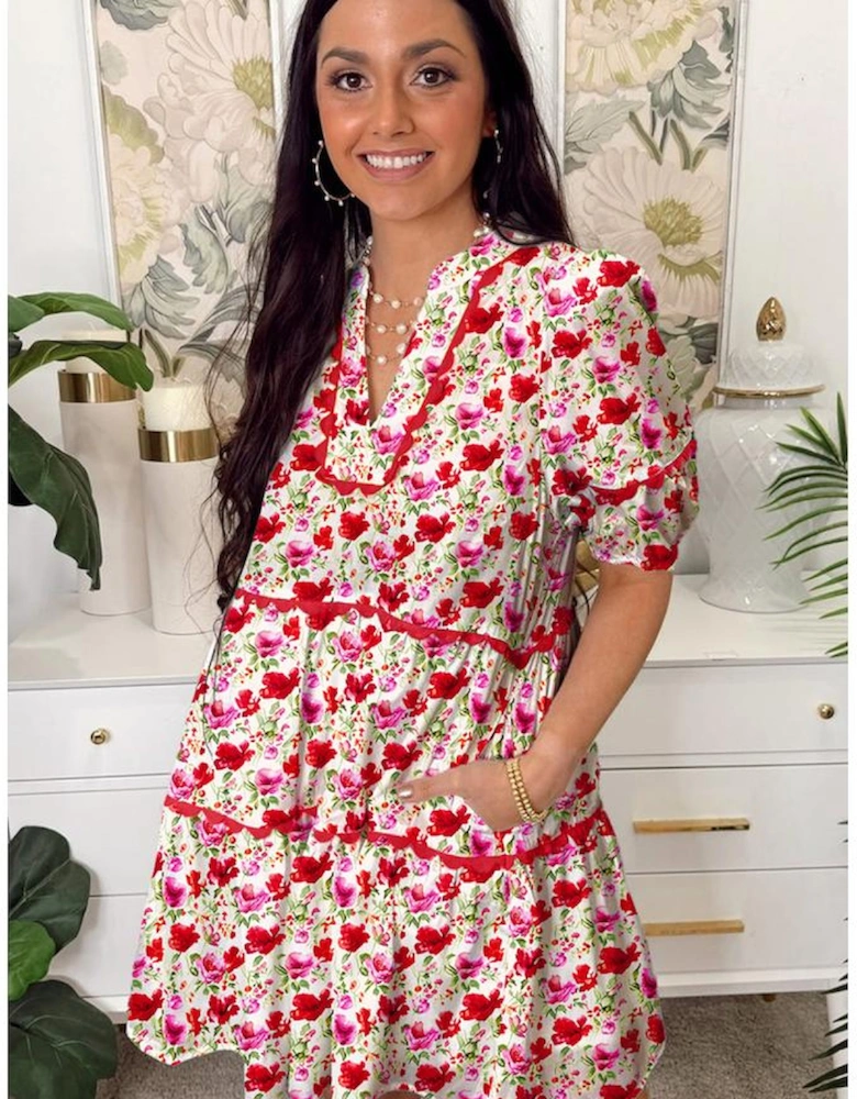 Red Floral Puff Sleeve Tiered Ric Rac Pocketed Mini Dress