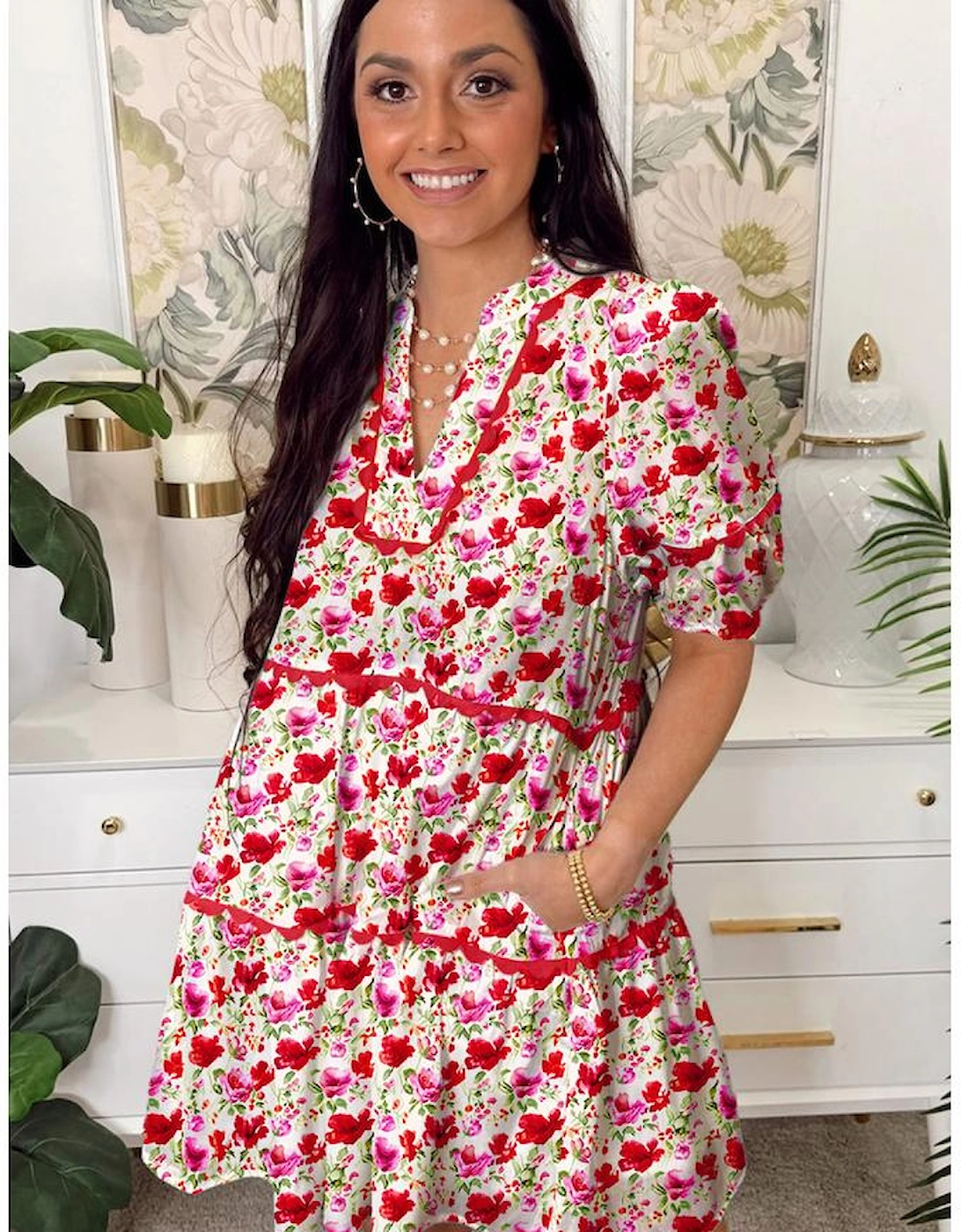 Red Floral Puff Sleeve Tiered Ric Rac Pocketed Mini Dress
