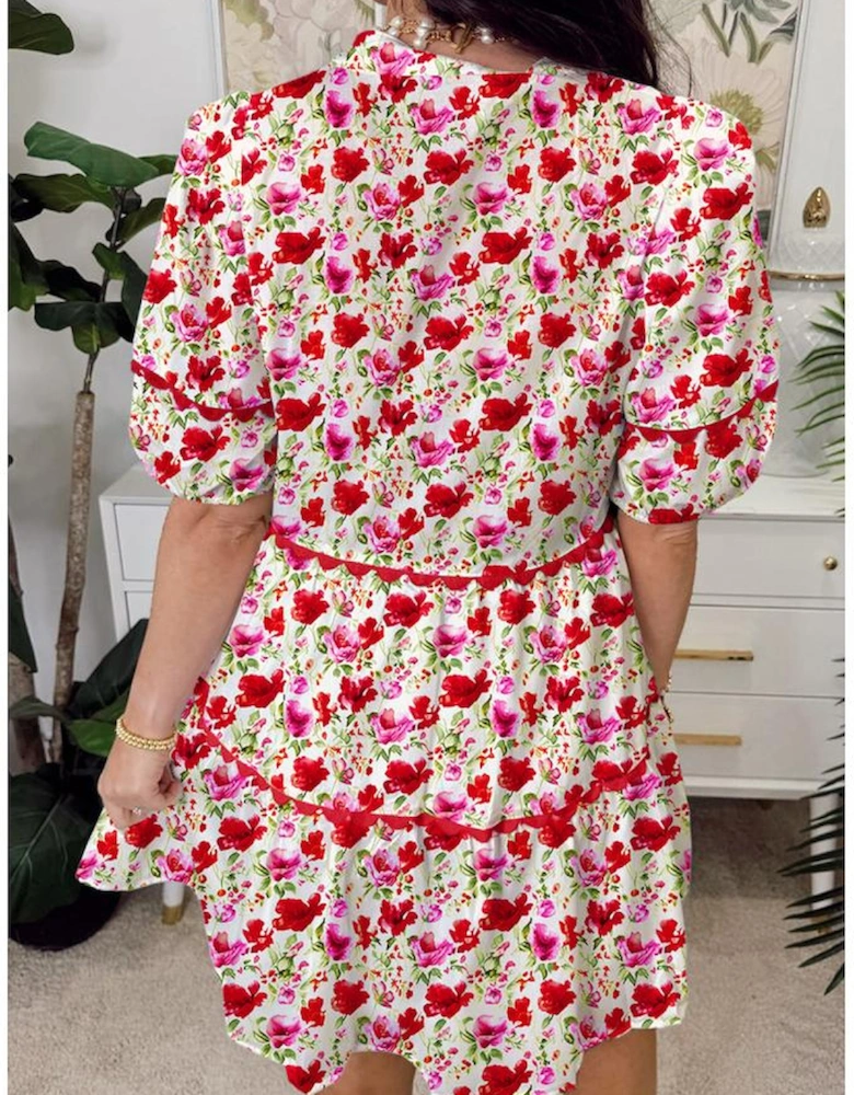 Red Floral Puff Sleeve Tiered Ric Rac Pocketed Mini Dress