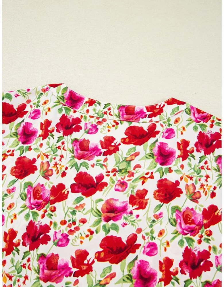 Red Floral Puff Sleeve Tiered Ric Rac Pocketed Mini Dress