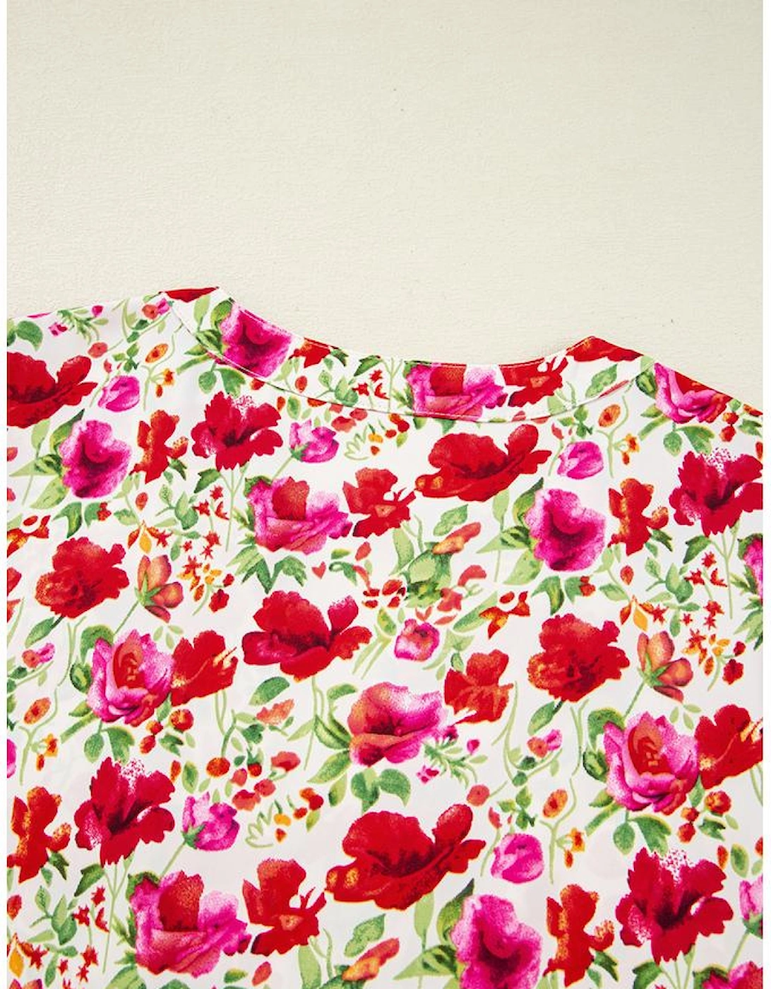 Red Floral Puff Sleeve Tiered Ric Rac Pocketed Mini Dress