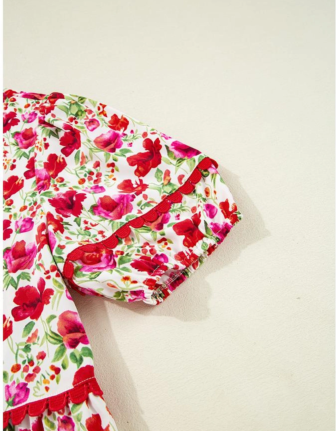 Red Floral Puff Sleeve Tiered Ric Rac Pocketed Mini Dress