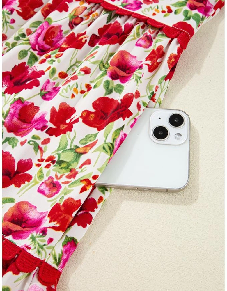 Red Floral Puff Sleeve Tiered Ric Rac Pocketed Mini Dress