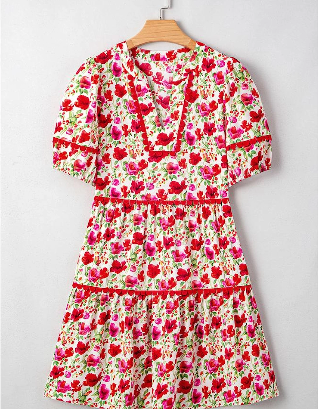 Red Floral Puff Sleeve Tiered Ric Rac Pocketed Mini Dress