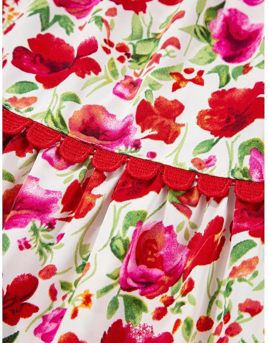 Red Floral Puff Sleeve Tiered Ric Rac Pocketed Mini Dress