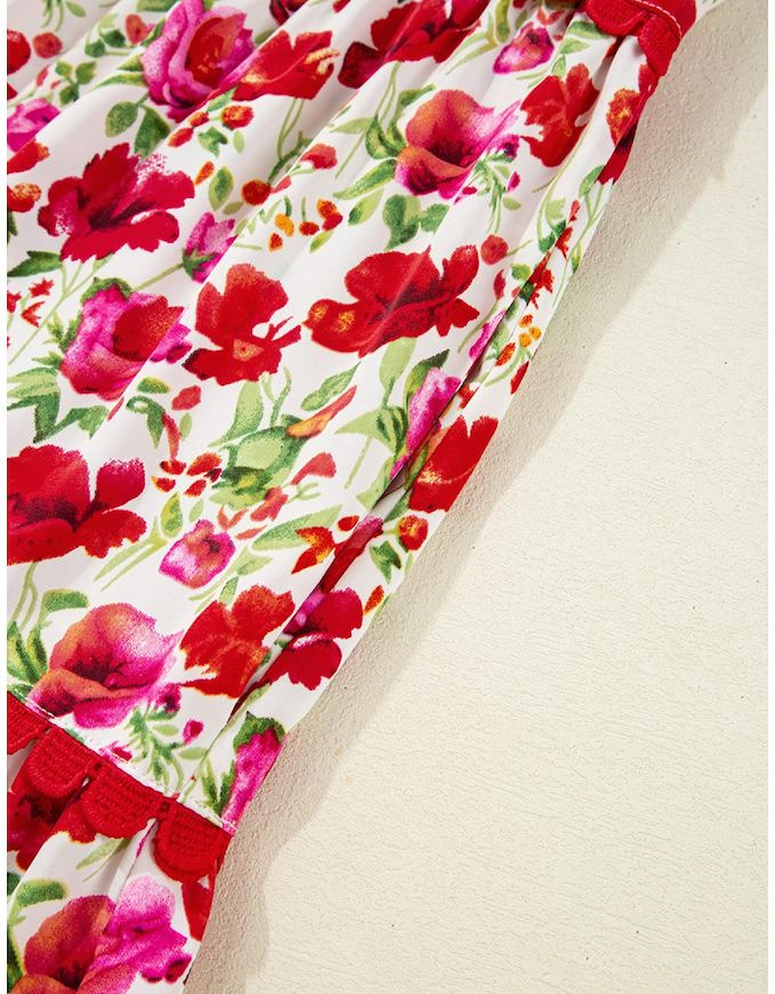 Red Floral Puff Sleeve Tiered Ric Rac Pocketed Mini Dress