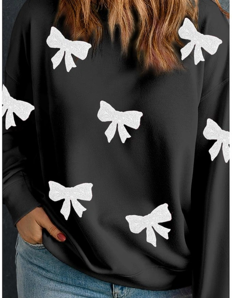 Black Bow Pattern Drop Shoulder Plus Size Sweatshirt