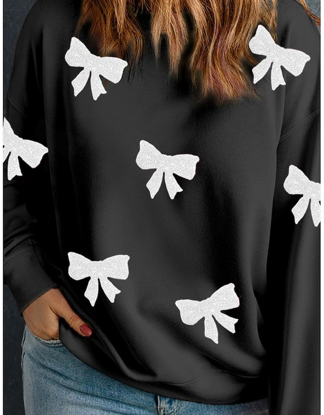 Black Bow Pattern Drop Shoulder Plus Size Sweatshirt, 2 of 1