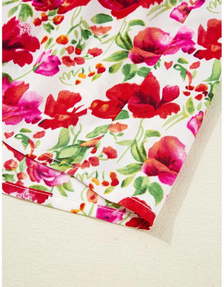 Red Floral Puff Sleeve Tiered Ric Rac Pocketed Mini Dress