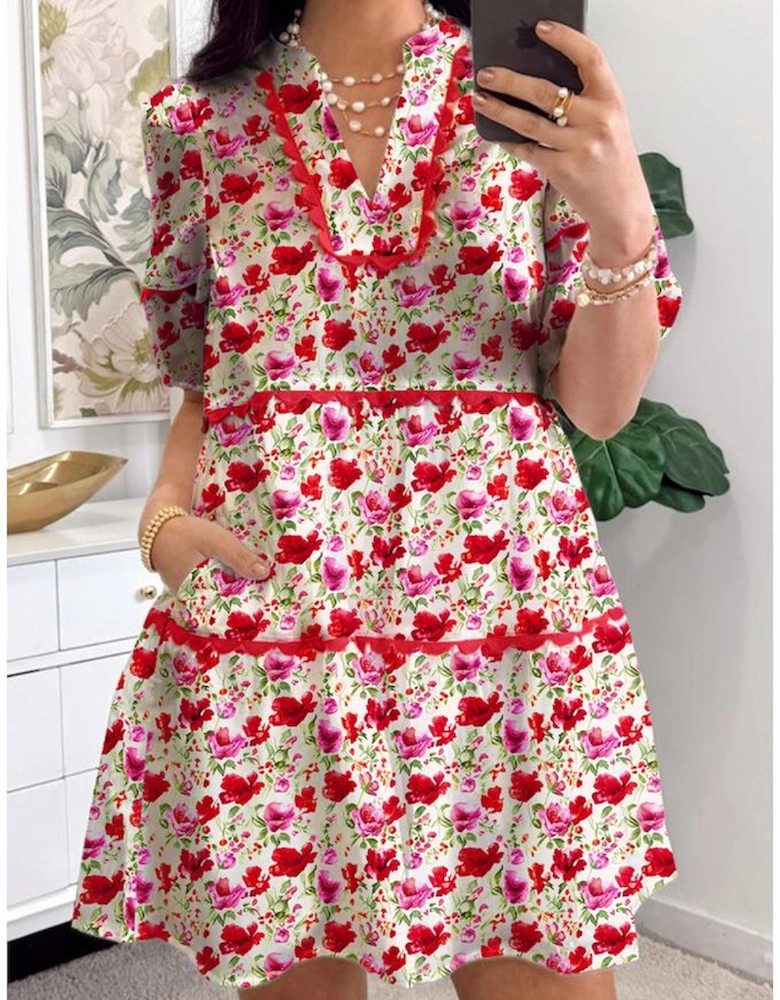 Red Floral Puff Sleeve Tiered Ric Rac Pocketed Mini Dress