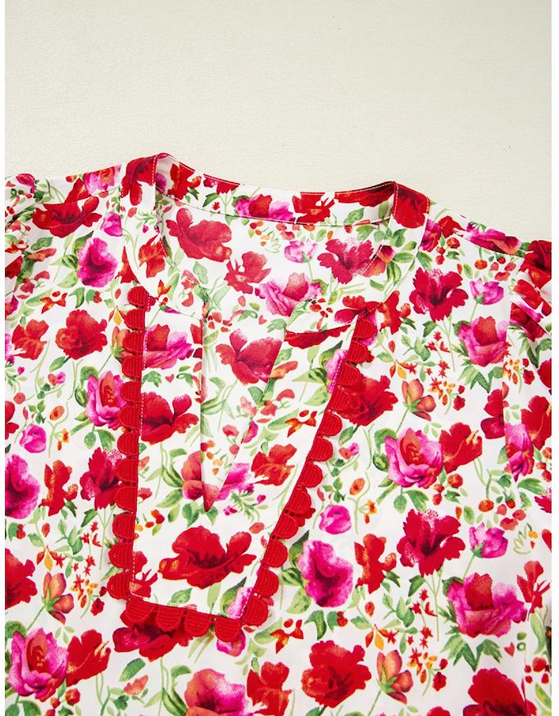Red Floral Puff Sleeve Tiered Ric Rac Pocketed Mini Dress