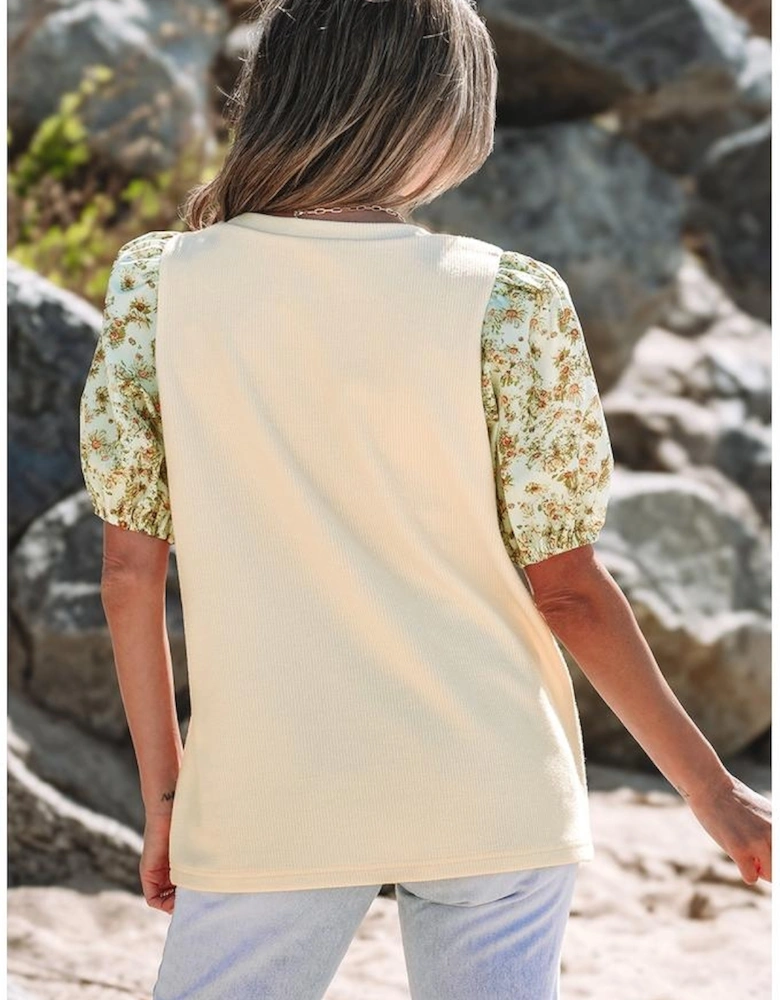 Beige Contrast Floral Bubble Sleeve Patchwork Ribbed Top
