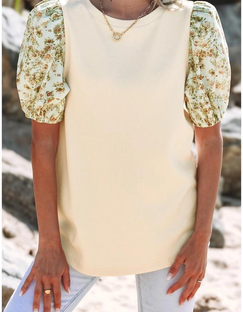 Beige Contrast Floral Bubble Sleeve Patchwork Ribbed Top