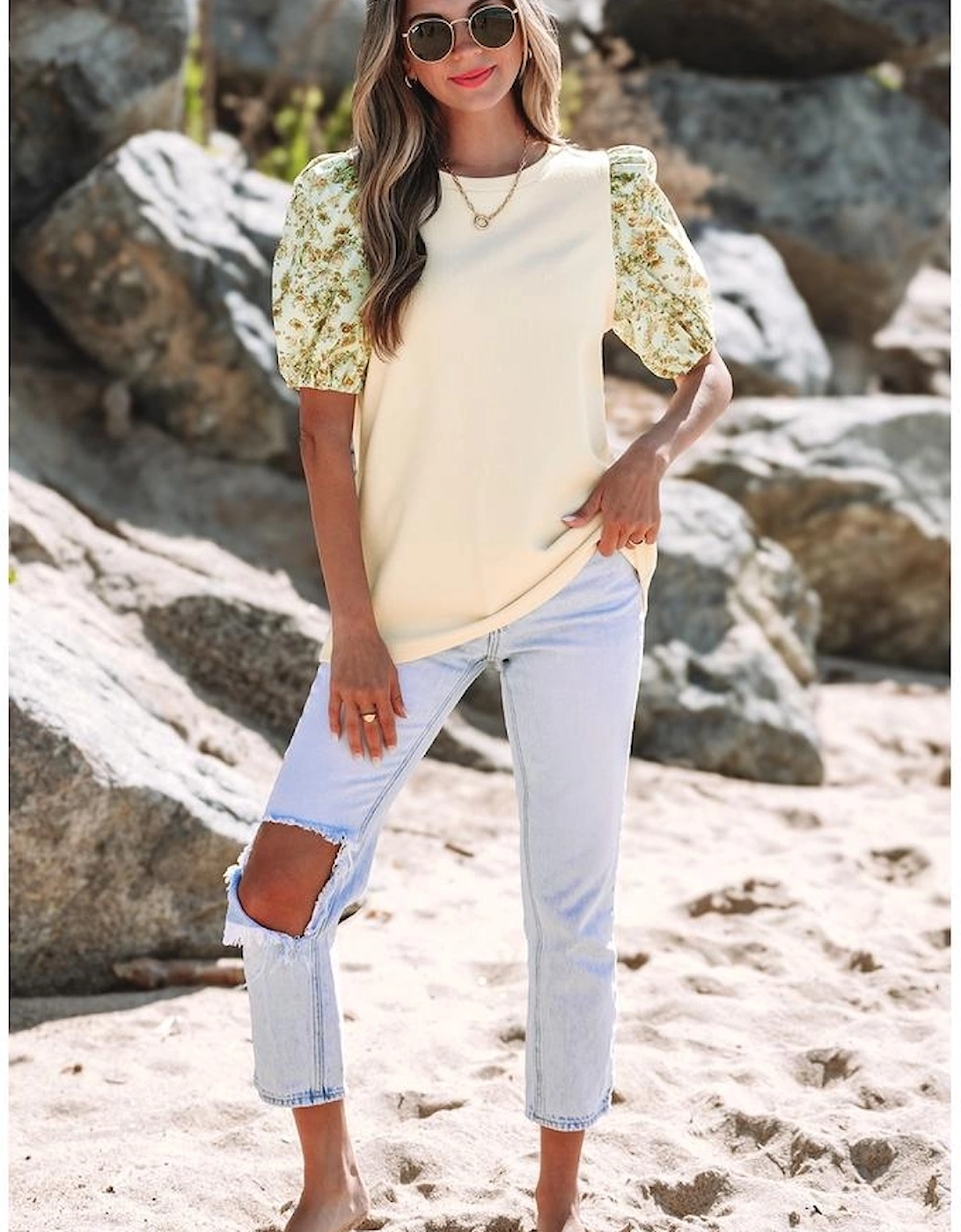 Beige Contrast Floral Bubble Sleeve Patchwork Ribbed Top