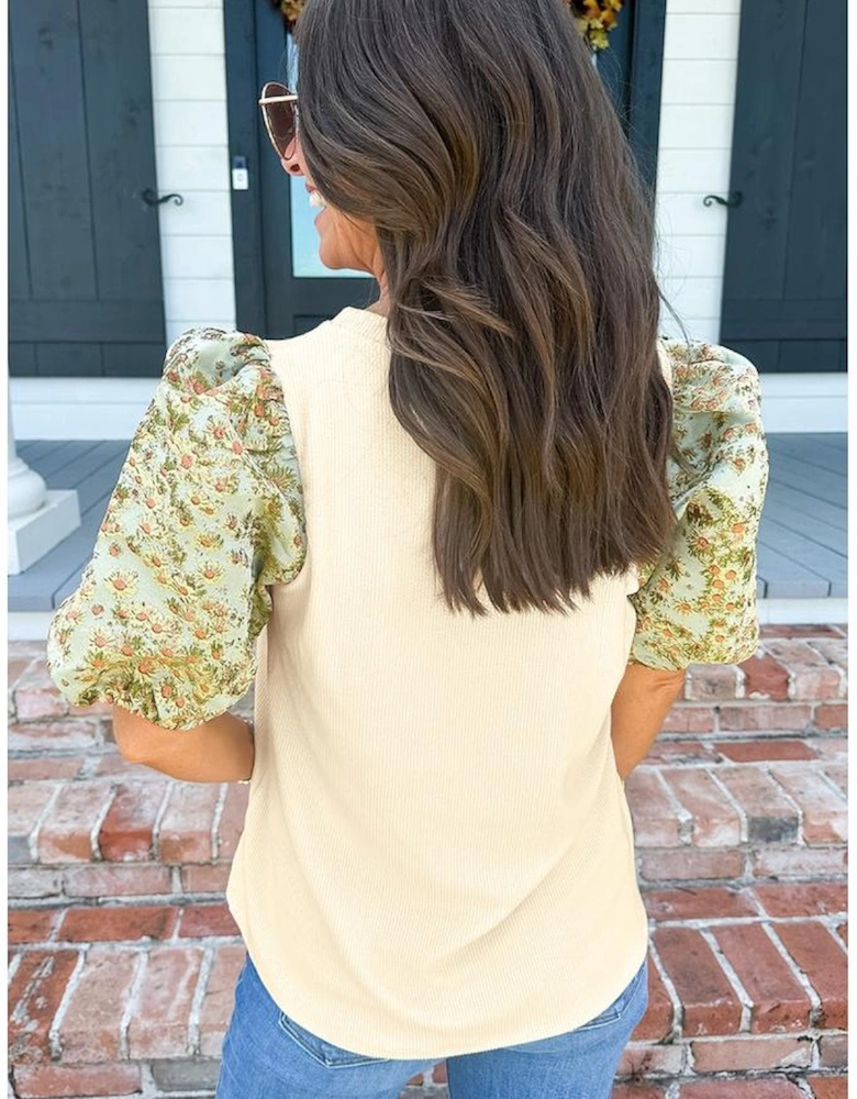 Beige Contrast Floral Bubble Sleeve Patchwork Ribbed Top