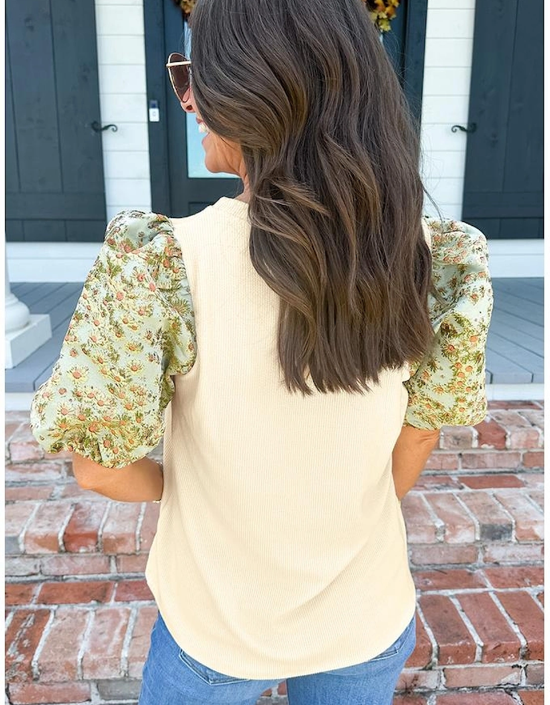 Beige Contrast Floral Bubble Sleeve Patchwork Ribbed Top