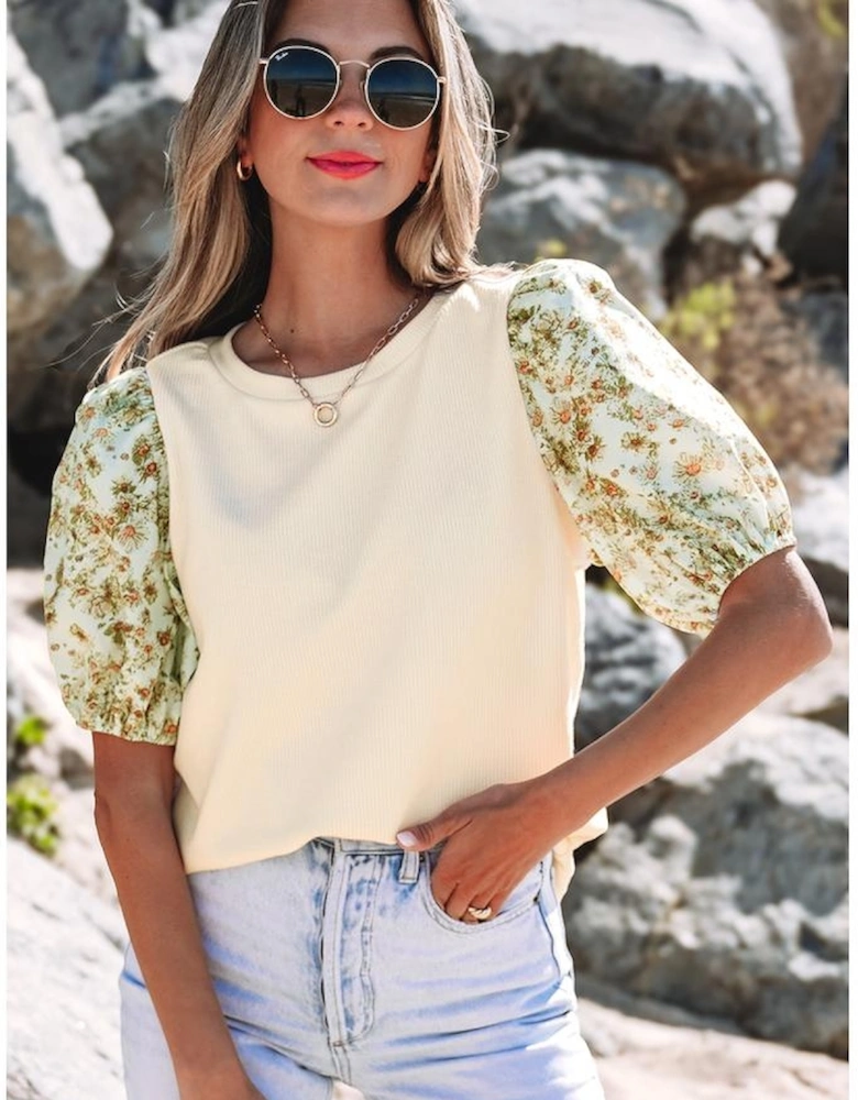 Beige Contrast Floral Bubble Sleeve Patchwork Ribbed Top