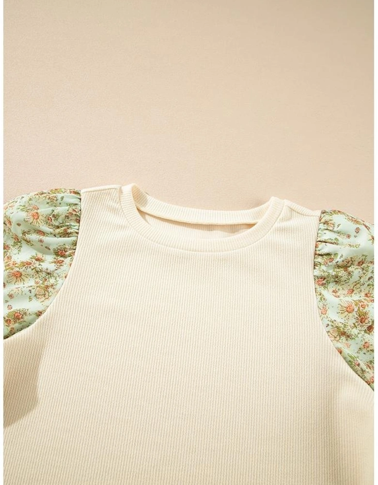 Beige Contrast Floral Bubble Sleeve Patchwork Ribbed Top
